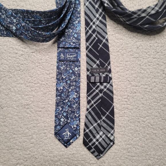Rag & Bone Penguin Neckties Navy Blue Print Cotton Work Suiting Preppy Casual - Picture 2 of 5